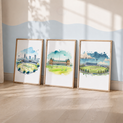 Cricket Stadium Watercolour Wall Art Set – Cricket Ground Prints for Boys’ Bedroom
