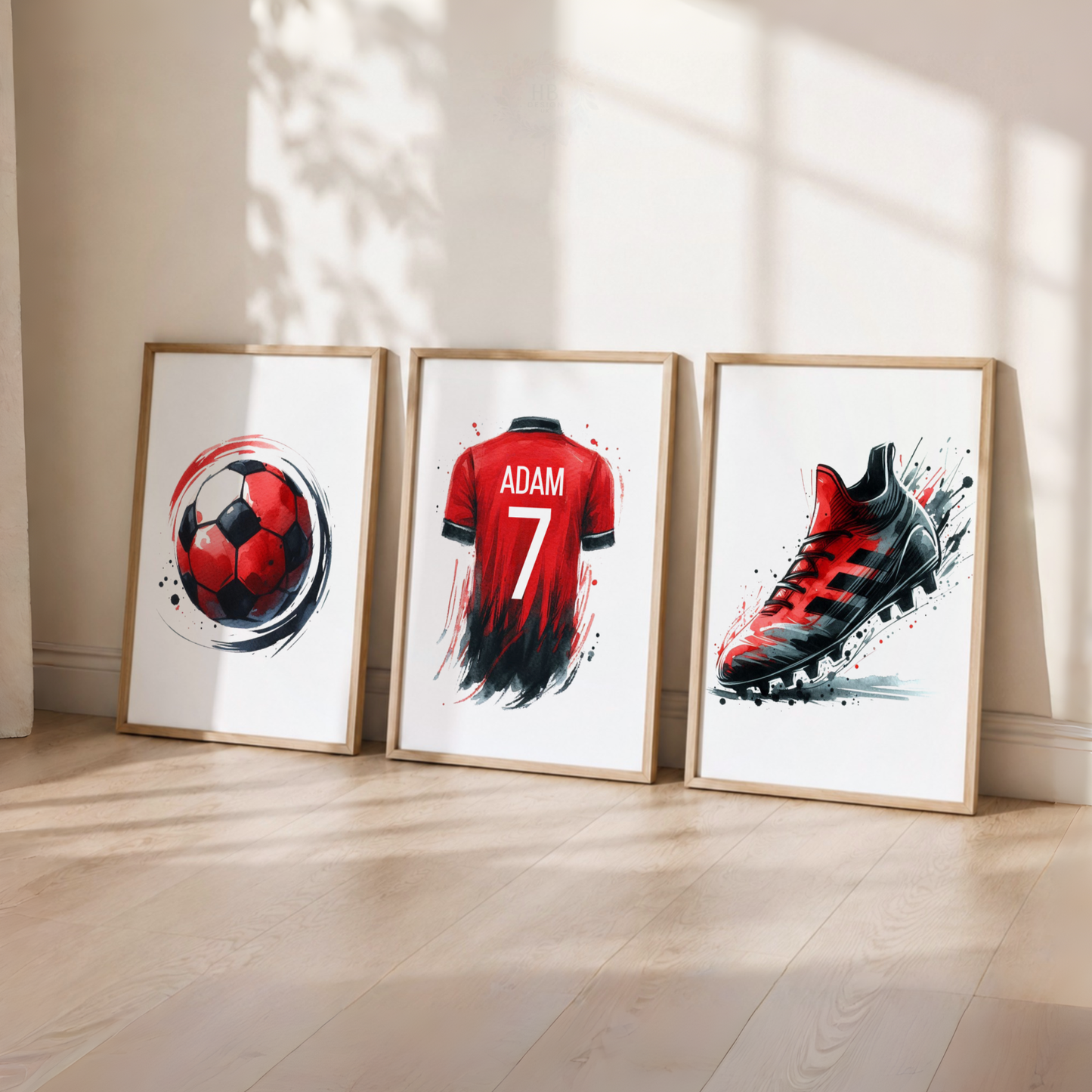 Personalized Soccer Watercolor Wall Art Set – Custom Name & Number Football Prints