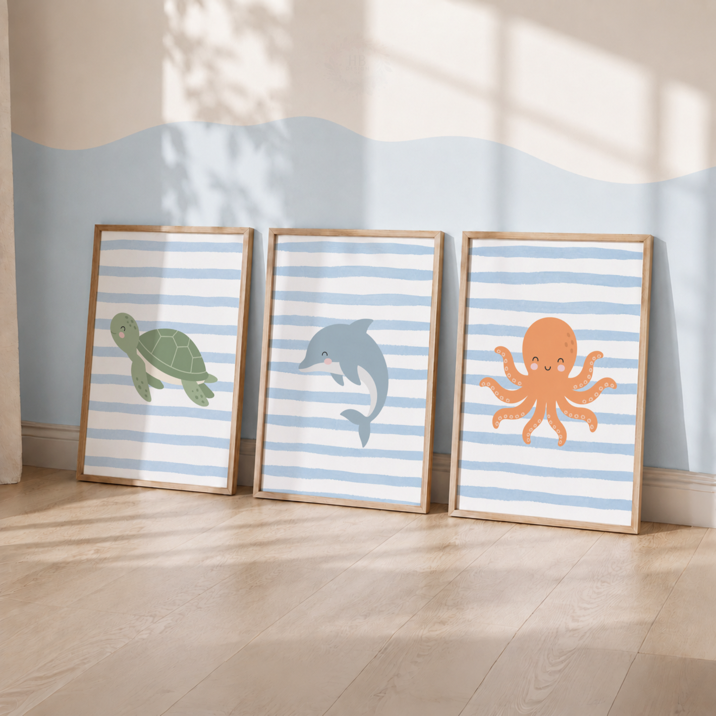 Under the Sea Nursery Wall Art Print Set – Turtle, Dolphin & Octopus