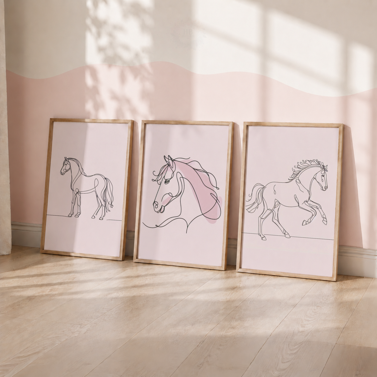 Pink Horse Line Art Print Set – Minimalist Equestrian Wall Art