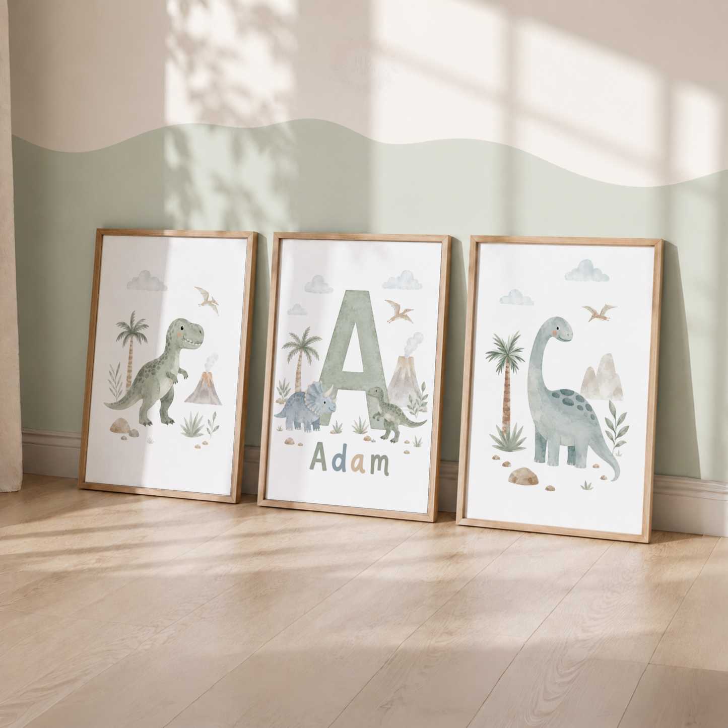 Personalised Dinosaur Nursery Prints – Set of 3 Watercolour Dino & Name Wall Art