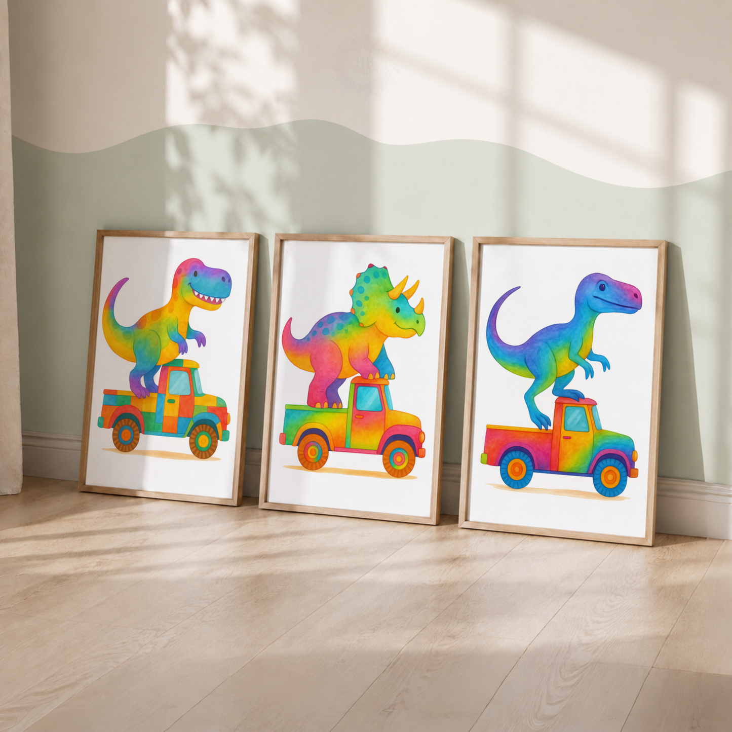 Colourful Dinosaur Truck Prints Set – Rainbow Dinosaur Nursery Wall Art