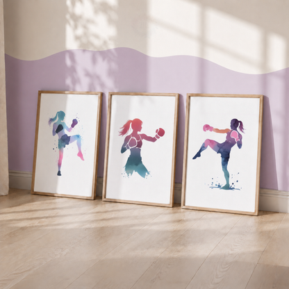 Girls Kickboxing Wall Art Set – Pastel Watercolour Female Fighter Prints