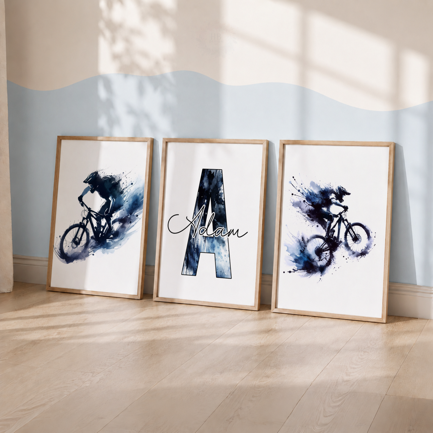 Personalised Mountain Biking Watercolor Wall Art Set – Blue MTB Cyclist & Name Prints