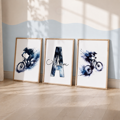 Personalised Mountain Biking Watercolor Wall Art Set – Blue MTB Cyclist & Name Prints