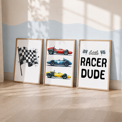 Vintage Racing Car Wall Art Set – Red Yellow Blue Little Racer Dude Prints