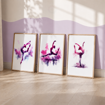 Pink & Purple Gymnastics Wall Art Set – Watercolour Gymnast Prints for Girls’ Bedroom