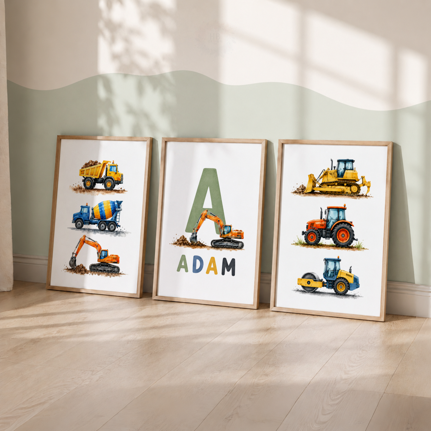 Dig & Build – Personalised Set of 3 Construction Vehicle Nursery Prints