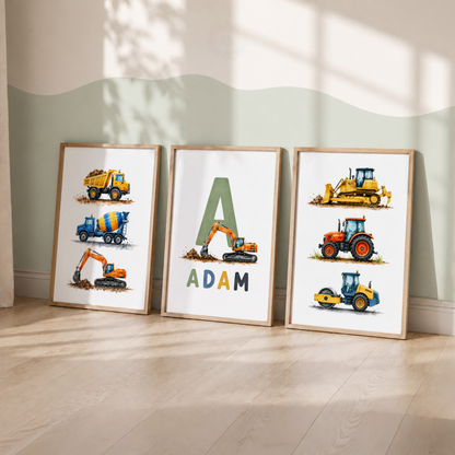 Dig & Build – Personalised Set of 3 Construction Vehicle Nursery Prints
