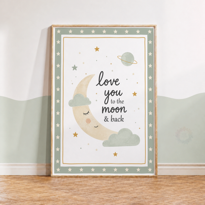Love You to the Moon & Back Nursery Print – Celestial Moon & Stars Wall Art