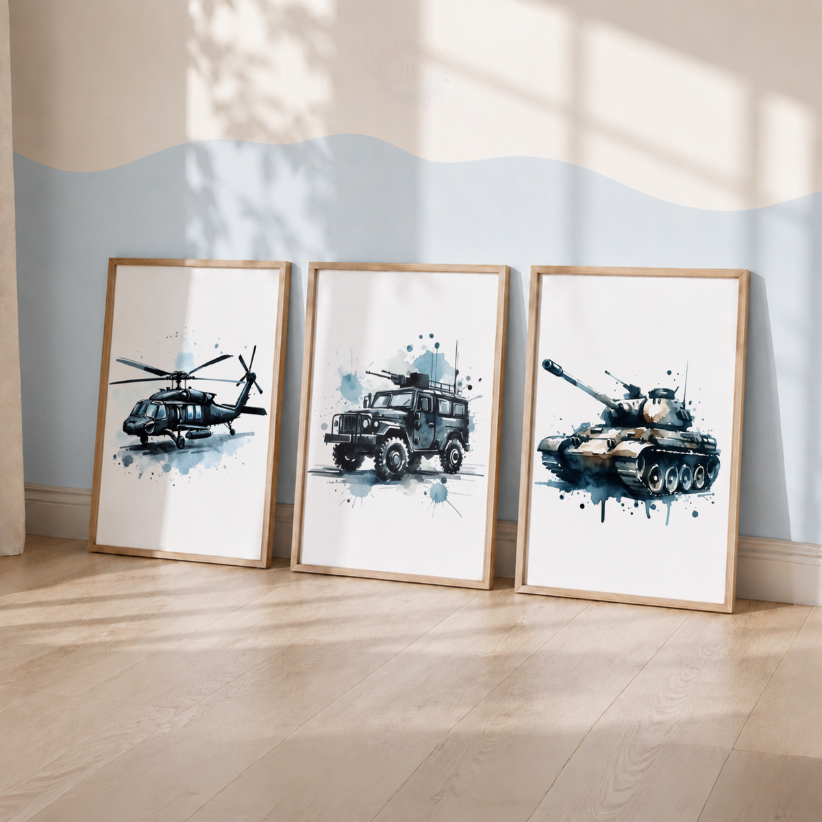 Military Vehicle Watercolor Prints Set – Helicopter Army Truck & Tank Wall Art