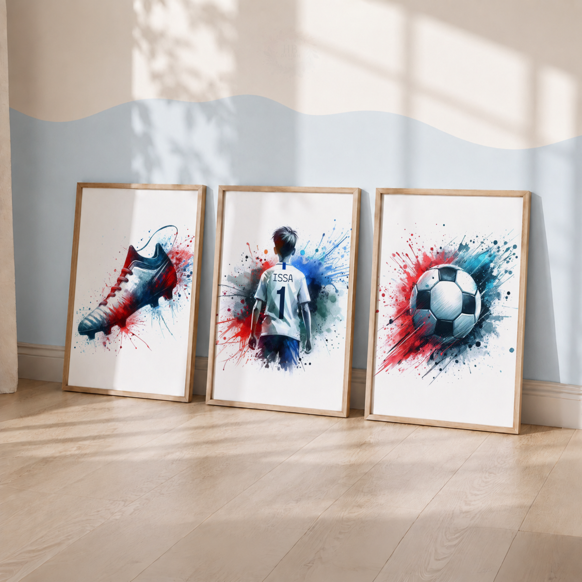Personalized Soccer Boy Wall Art Set – Custom Name & Number Football Watercolor Prints