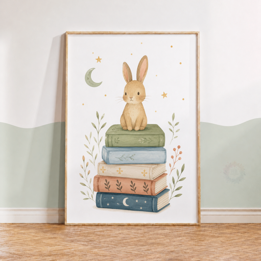 Bunny on Books Nursery Print – Woodland Reading Kids Wall Art