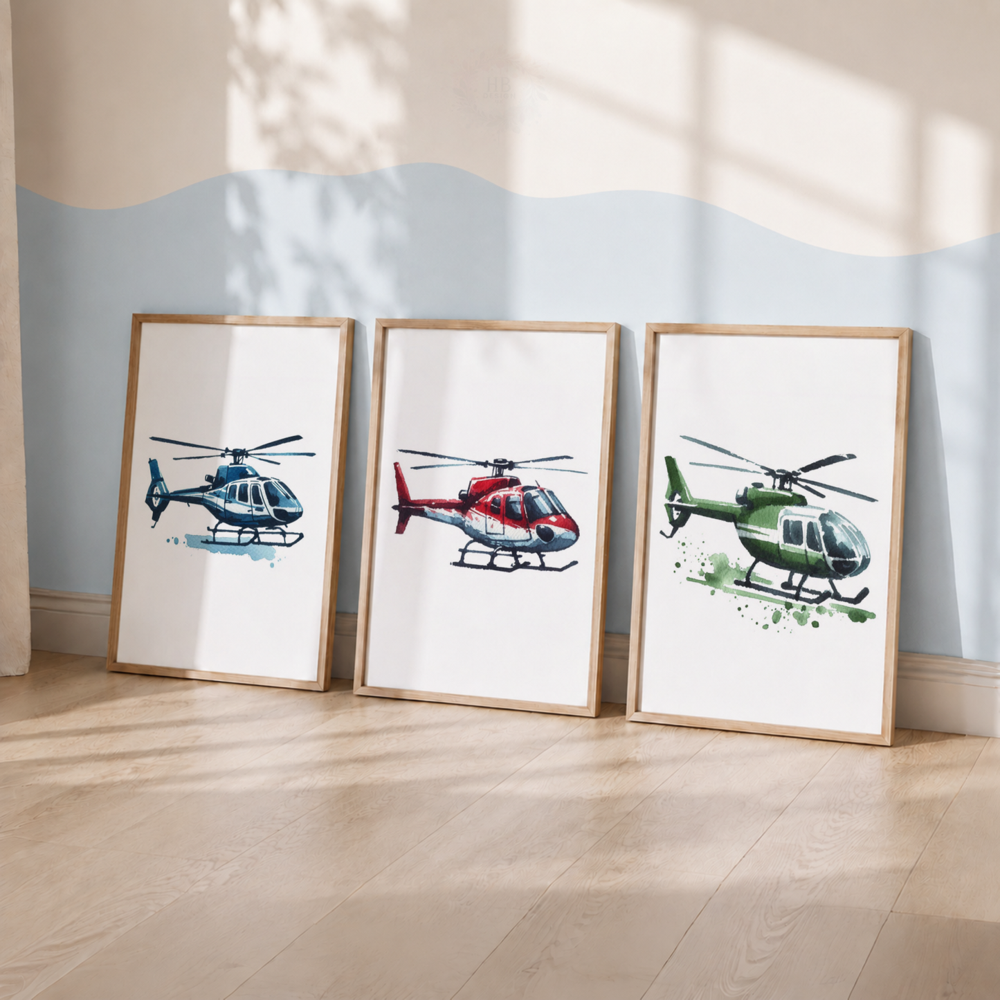 Watercolor Helicopter Wall Art Set – Colorful Aviation Nursery Prints