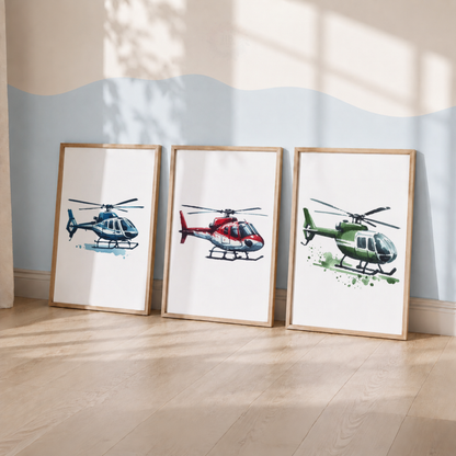 Watercolor Helicopter Wall Art Set – Colorful Aviation Nursery Prints