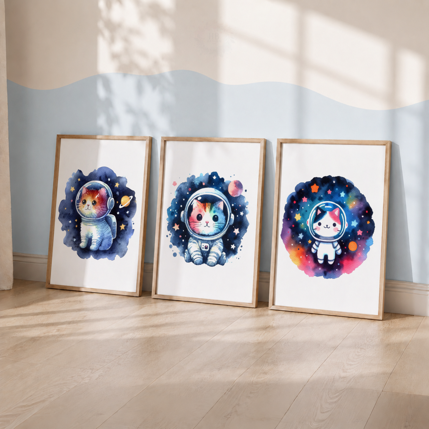 Watercolor Cat Astronaut Nursery Prints Set – Space Kitty Wall Art