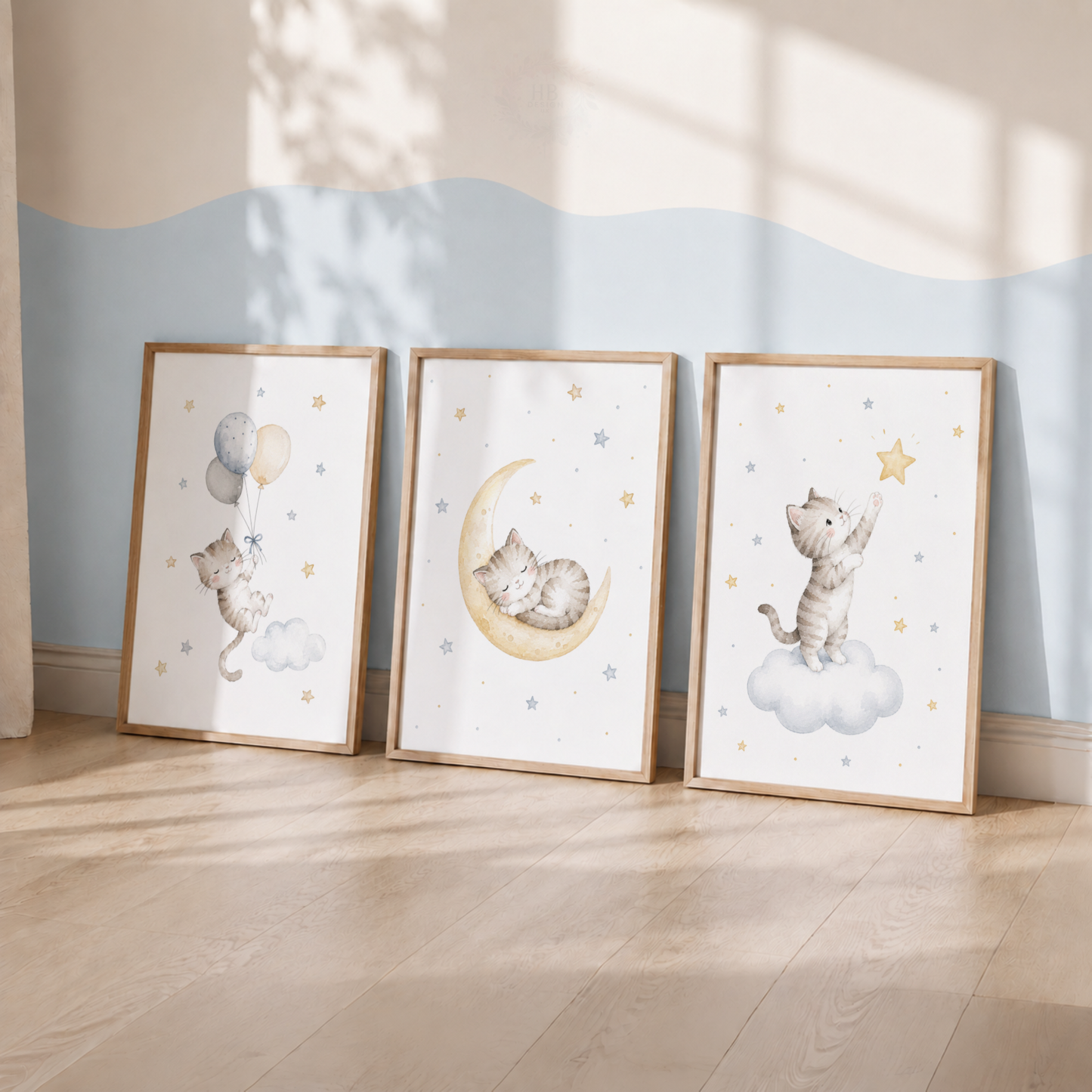 Cute Cat Nursery Prints – Set of 3 Moon, Stars & Balloon Kitten Wall Art