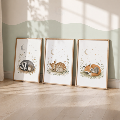 Woodland Animals Nursery Prints – Set of 3 Sleepy Forest Animal Wall Art