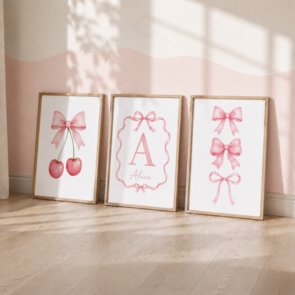 Personalised Pink Bow & Cherry Wall Art Print Set – Custom Name & Initial