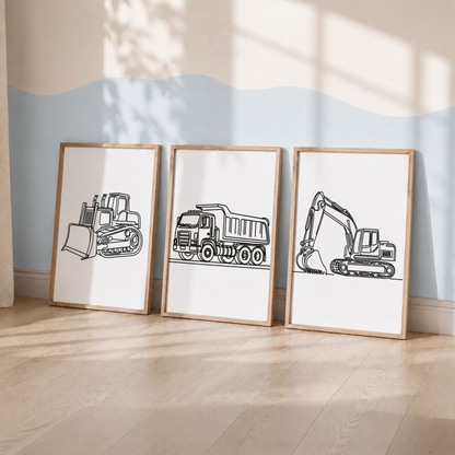 Construction Vehicle Line Art Prints Set – Bulldozer, Dump Truck & Excavator Wall Art