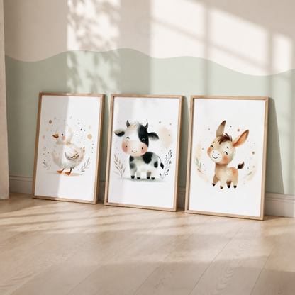 Farm Animal Nursery Prints Set – Duck, Cow & Donkey Watercolour Wall Art