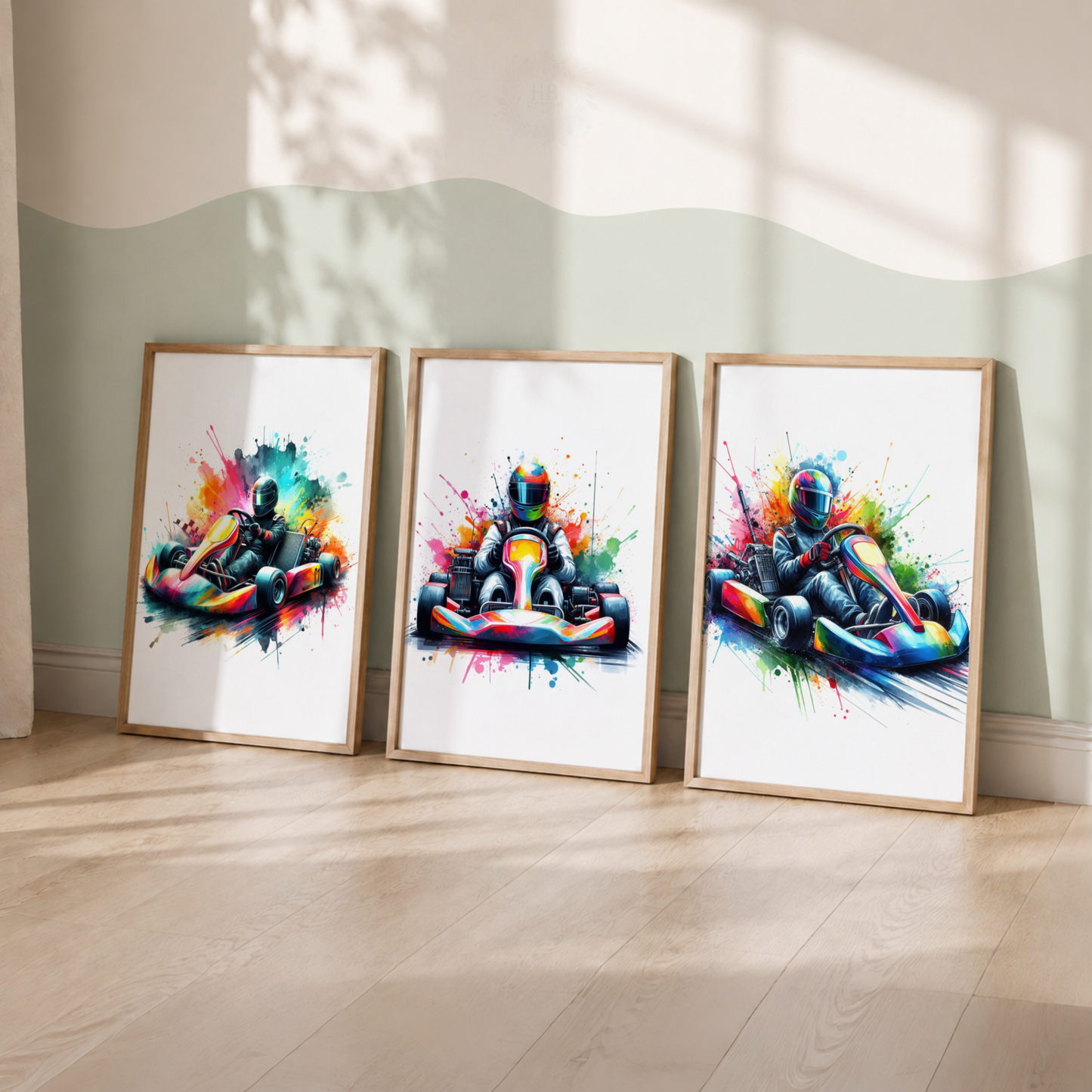 Go Kart Racing Watercolor Wall Art Set – Colourful Karting Driver Sports Prints