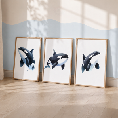 Orca Whale Watercolor Wall Art Set – Killer Whale Ocean Nursery Prints