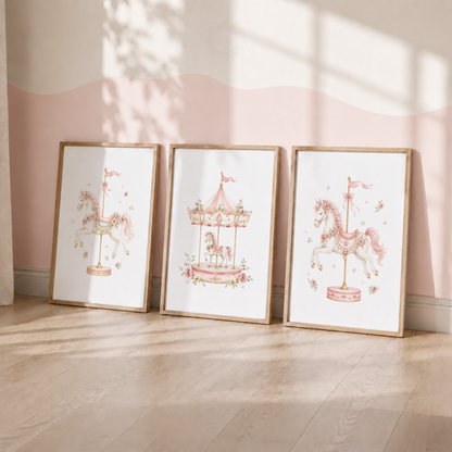 Pink Carousel Horse Nursery Prints – Set of 3 Floral Fairground Wall Art