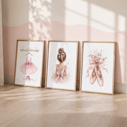 Pink Ballerina Nursery Wall Art Print Set – Ballet Dancer, Tutu & Ballet Shoes