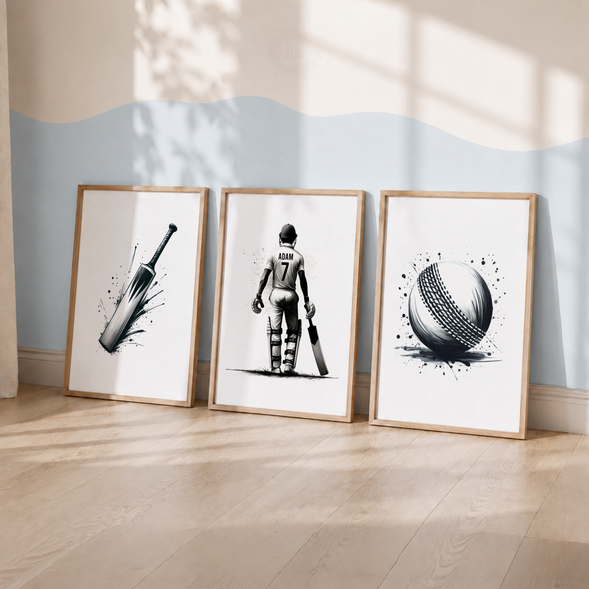 Personalised Cricket Wall Art Set – Cricket Bat, Player & Ball Sports Prints