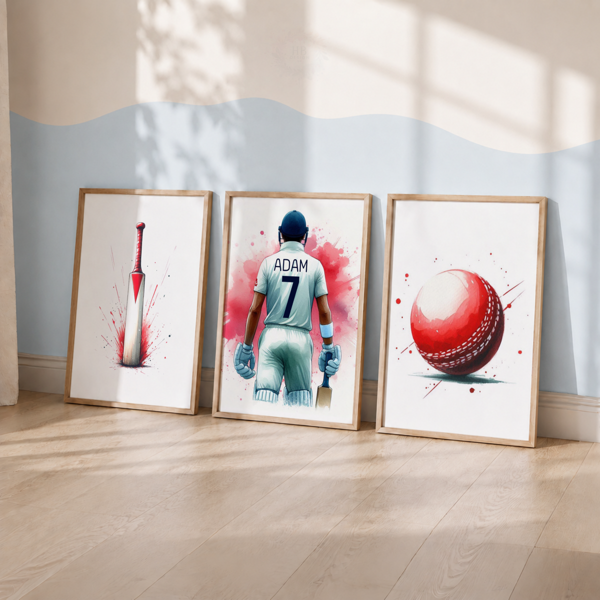 Personalised Cricket Watercolor Wall Art Set – Cricket Bat, Player & Ball Sports Prints