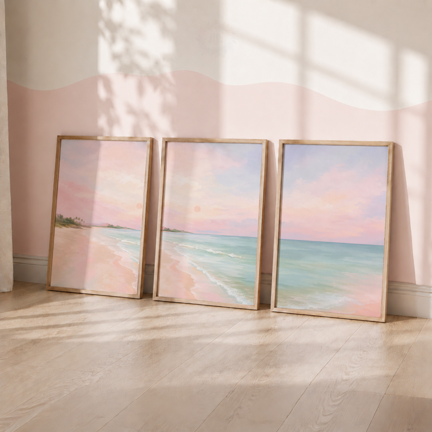 Pastel Beach Wall Art Set – Blush Pink Coastal Seascape Prints