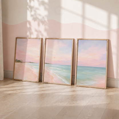 Pastel Beach Wall Art Set – Blush Pink Coastal Seascape Prints