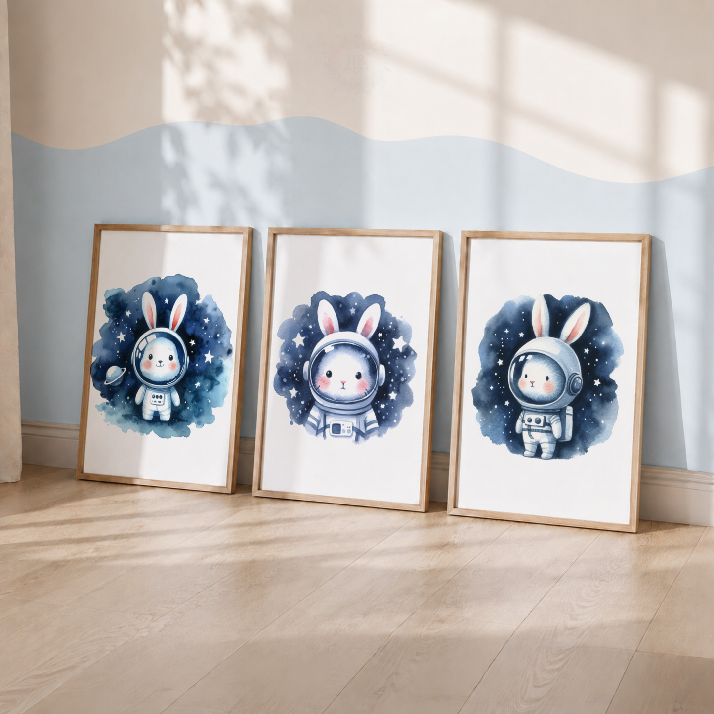 Watercolor Bunny Astronaut Nursery Prints Set – Space Rabbit Wall Art