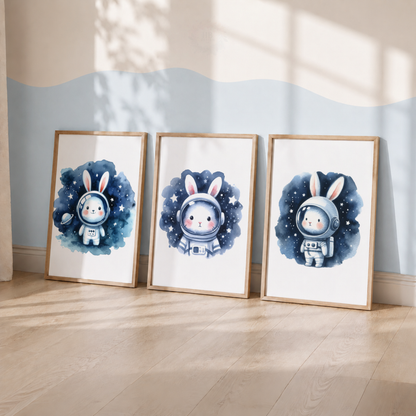 Watercolor Bunny Astronaut Nursery Prints Set – Space Rabbit Wall Art