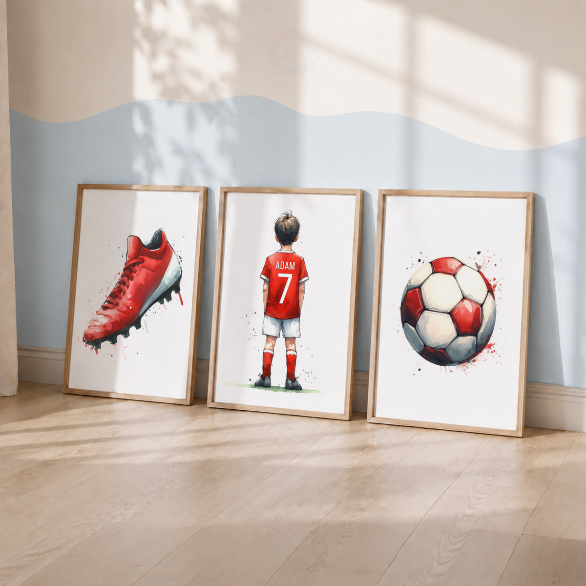 Personalised Football Boy Watercolor Wall Art Set – Custom Name & Number Football Prints