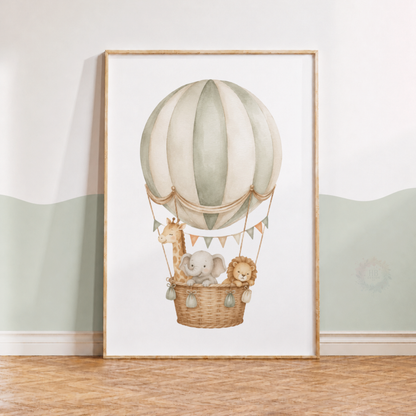 Safari Animals Hot Air Balloon Nursery Print – Giraffe, Elephant & Lion Wall Art