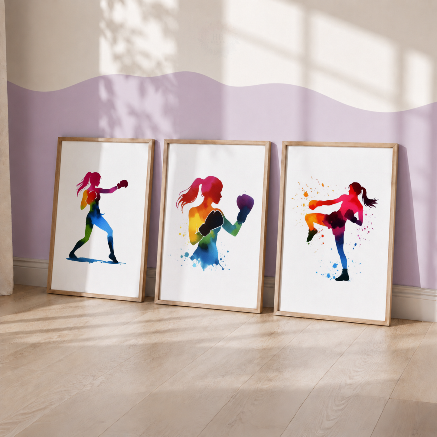 Girls Boxing Wall Art Set – Colourful Watercolour Female Boxer Prints