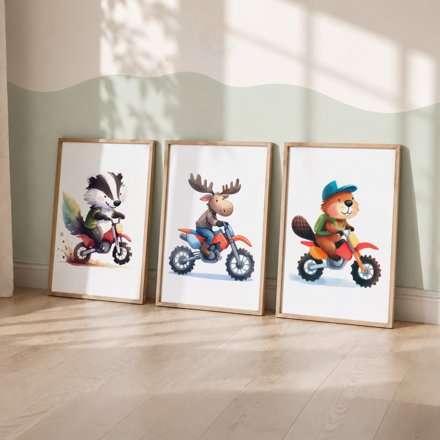 Woodland Animals on Motorbikes Nursery Prints Set – Badger Moose & Beaver Wall Art