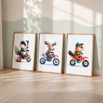 Woodland Animals on Motorbikes Nursery Prints Set – Badger Moose & Beaver Wall Art
