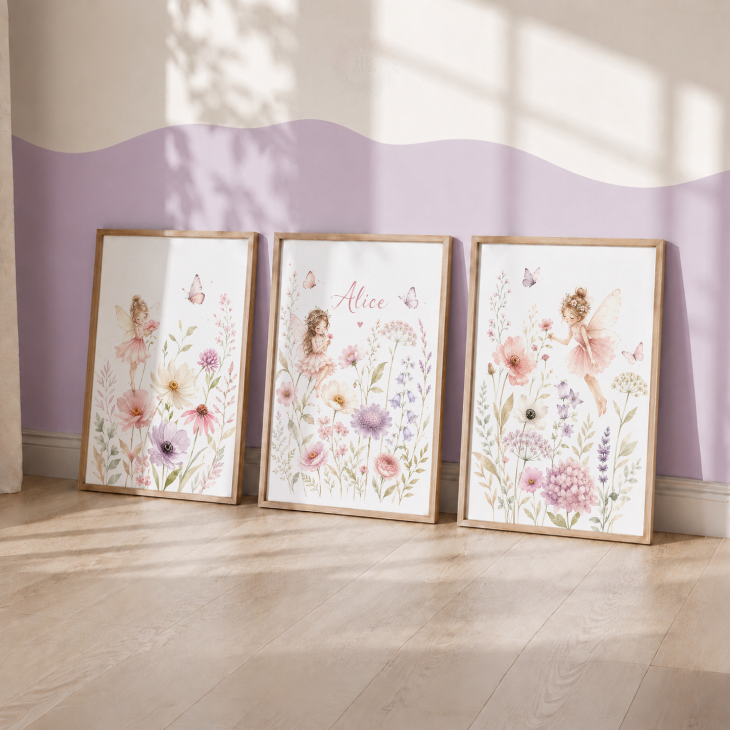 Personalised Fairy Wildflower Nursery Prints – Pink Floral Girls Wall Art Set