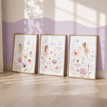 Personalised Fairy Wildflower Nursery Prints – Pink Floral Girls Wall Art Set
