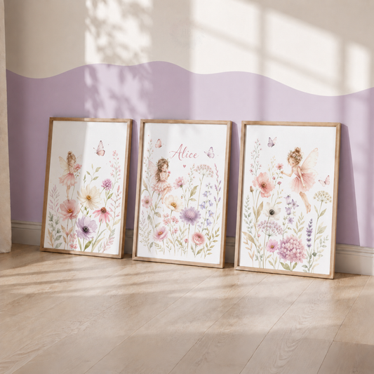 Personalised Fairy Wildflower Nursery Prints – Pink Floral Girls Wall Art Set