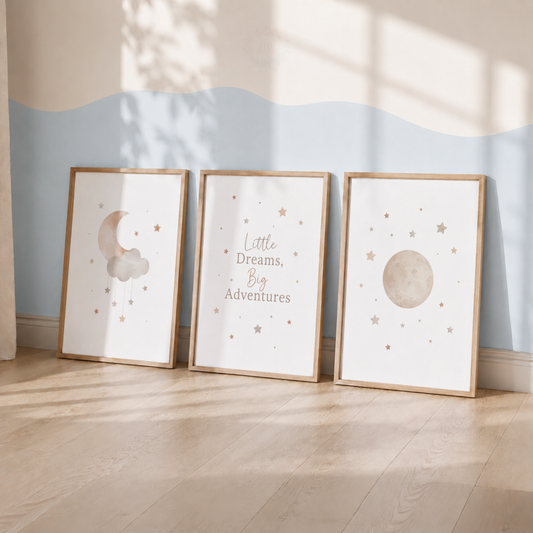 Little Dreams Big Adventures Nursery Prints – Set of 3 Neutral Moon & Stars Wall Art
