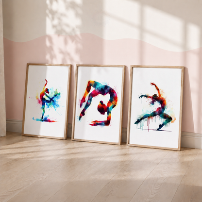 Gymnastics Wall Art Set – Colourful Watercolour Gymnast Prints for Girls’ Bedroom