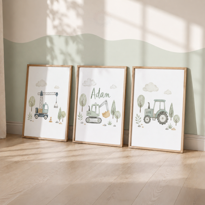 Little Green Machines – Personalised Set of 3 Construction Nursery Prints