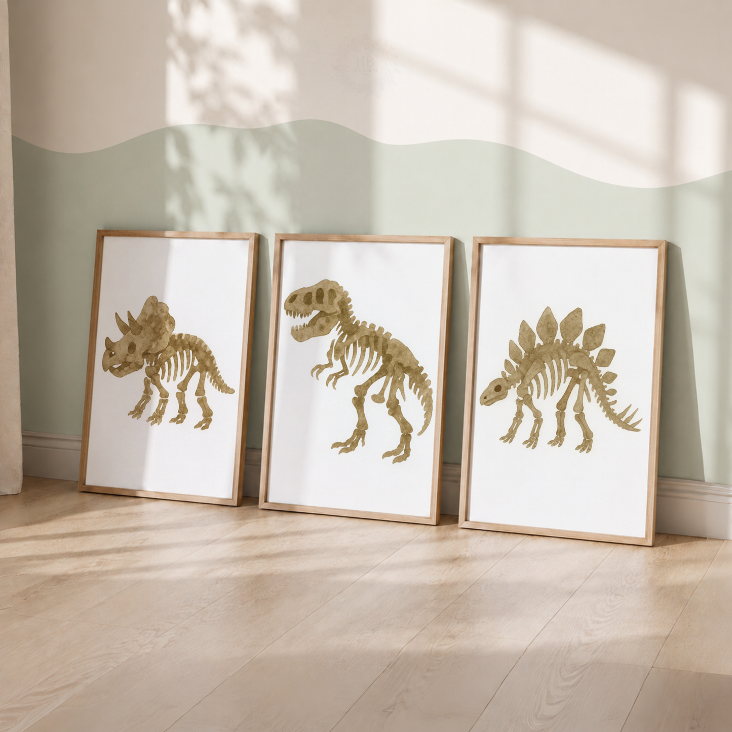 Dinosaur Fossil Nursery Prints Set – T-Rex Triceratops & Stegosaurus Wall Art
