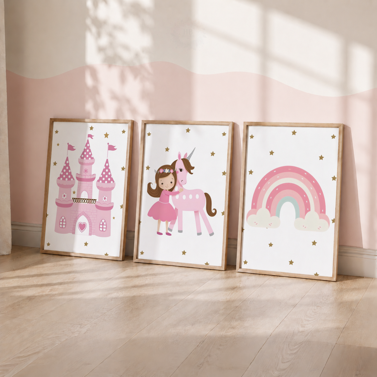 Princess Unicorn Wall Art Set – Pink Castle & Rainbow Nursery Prints