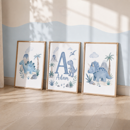 Personalised Blue Dinosaur Nursery Prints – Set of 3 Watercolour Dino & Name Wall Art