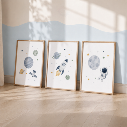 Space Nursery Wall Art Set – Rocket, Astronaut & Planet Prints
